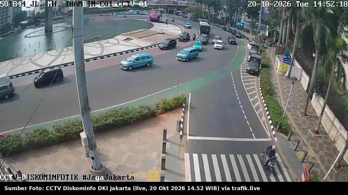 Cuplikan layar kamera CCTV resmi Diskominfo DKI Jakarta di persimpangan Bundaran HI sisi Jalan Imam Bonjol, Jakarta Pusat, menunjukkan kondisi lalu lintas pada 20 Oktober 2026