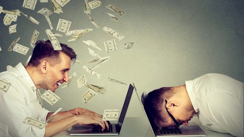 Ilustrasi konseptual wirausahawan bekerja di depan laptop dengan simbol keberhasilan finansial dan tantangan kerja digital