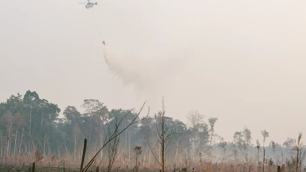 Helikopter water bombing menyiramkan ribuan liter air di atas lahan gambut yang terbakar