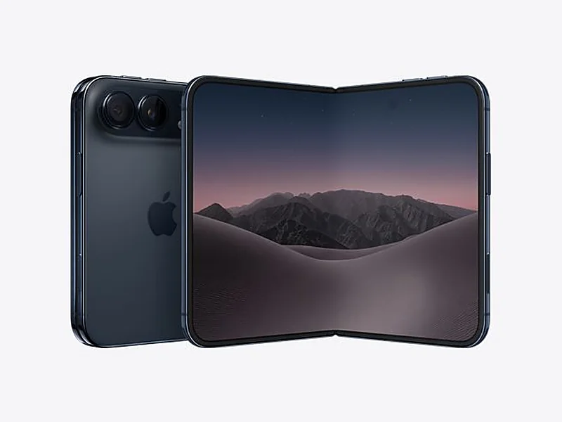 iPhone Duo warna Night Sky tampil dalam dua posisi, tertutup di samping kiri dan terbuka memperlihatkan layar dalam di samping kanan