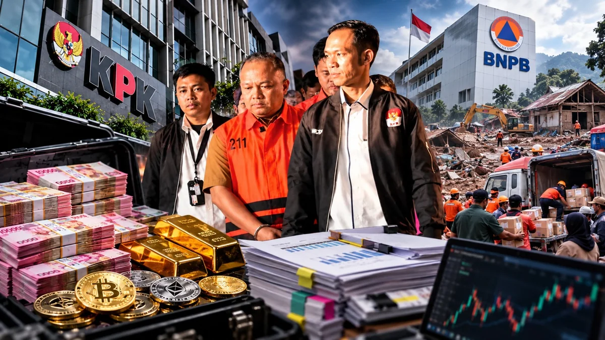 Ilustrasi kasus korupsi dana bencana BNPB: tersangka berbaju oranye, tumpukan uang, emas, dan grafik saham