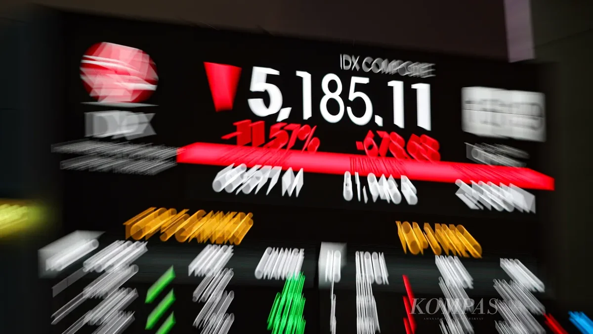Layar pergerakan grafik IHSG di Bursa Efek Indonesia yang anjlok 11,57 persen ke level 5.185