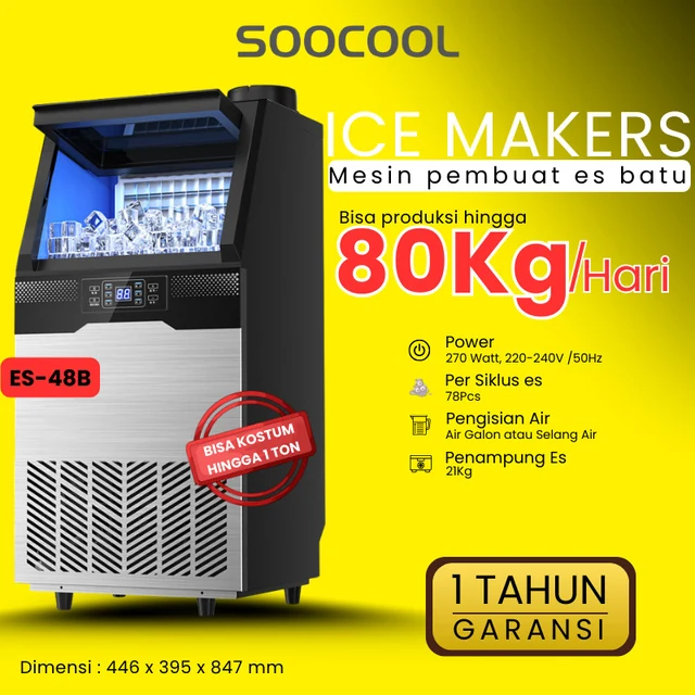 Mesin es batu kristal SOOCOOL 48B kapasitas 80 kg per hari