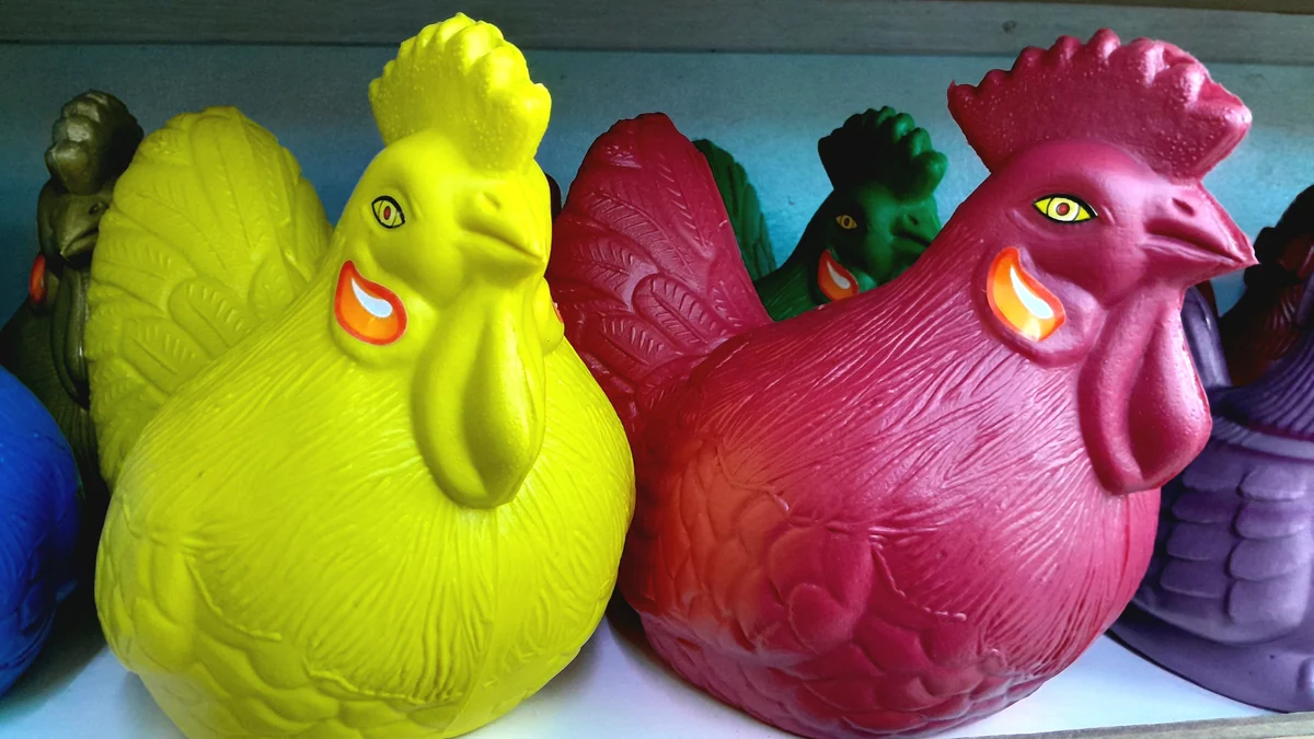 Celengan ayam plastik warna kuning dan merah muda berjajar di atas permukaan biru
