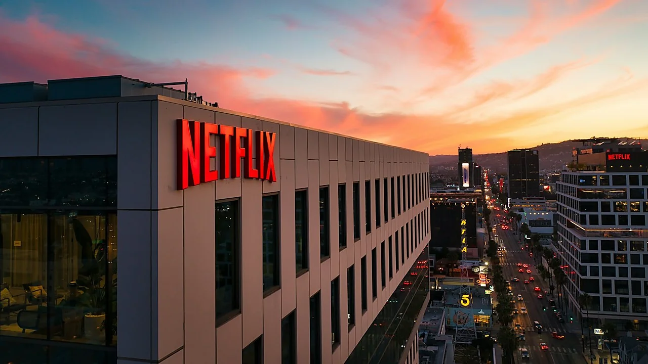 Gedung kantor studio Netflix di Sunset Bronson Studios Los Angeles dengan logo menyala menggambarkan restrukturisasi dan PHK 1.000 karyawan global 2026
