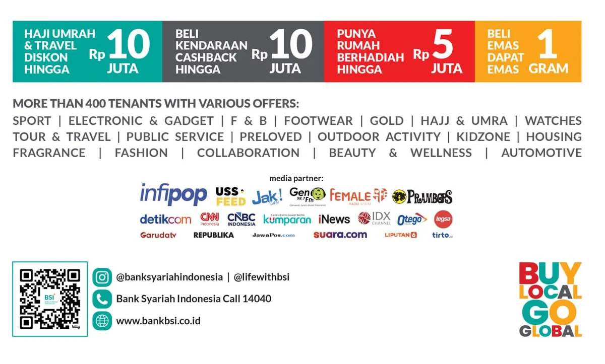 Materi promo BSI International Expo 2026 berisi diskon haji dan umrah Rp10 juta, cashback kendaraan Rp10 juta, hadiah pembiayaan rumah Rp5 juta, dan bonus emas 1 gram