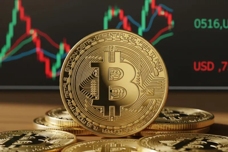 Koin fisik emas Bitcoin berlatar belakang grafik candlestick trading pasar aset kripto