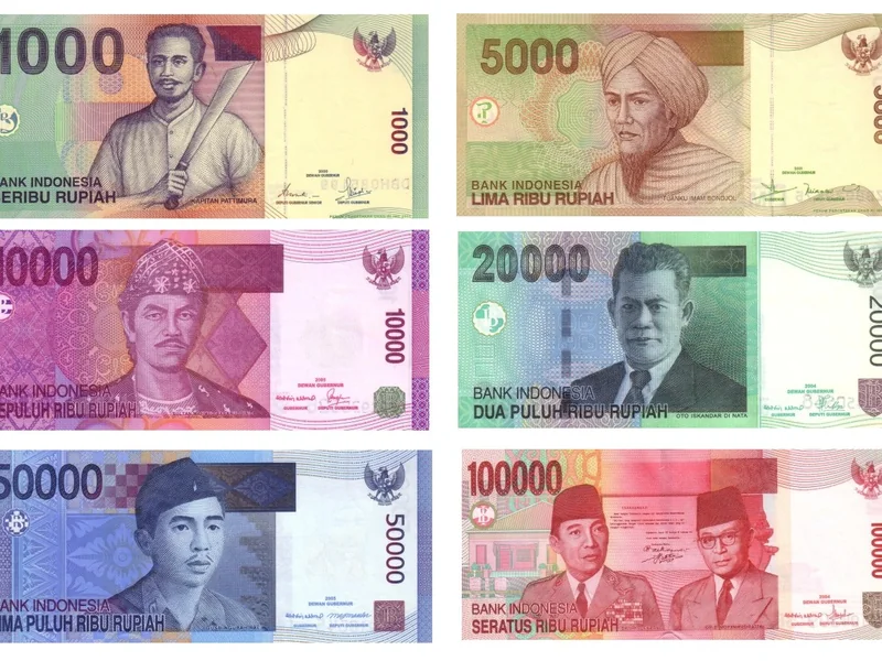 Rangkaian uang kertas rupiah berbagai denominasi diterbitkan Bank Indonesia setelah tahun 2000 tersusun rapi di atas latar putih